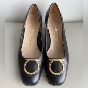 Salvatore Ferragamo Black leather block heel with gold maxi Gancini accent